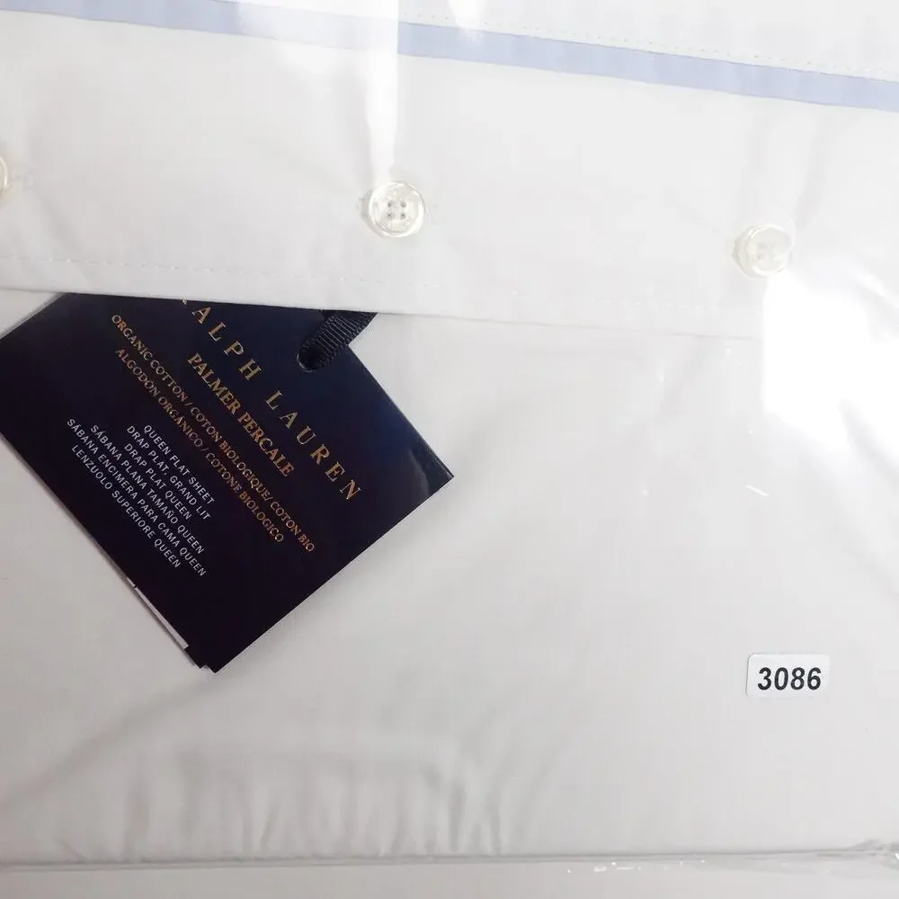 New Ralph Lauren Organic Cotton Percale Palmer Queen Flat Sheet White/Sky Blue